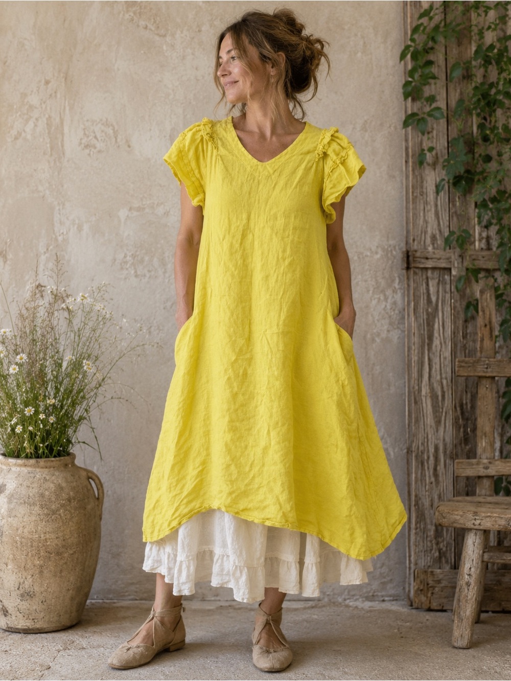 Made in Italy Yellow Linen Lagenlook Dress Medium Boho Cottagecore Pockets